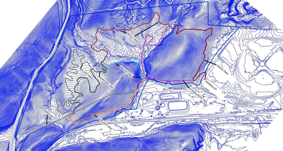 Rockwood Forest Trails map showing named trails, parking, and terrain